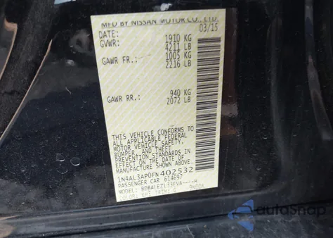 2015 Nissan Altima 2.5 S from USA, damaged, VIN 1N4AL3AP0FN402532